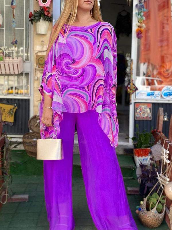 Effortless Swirl Print Wide Leg Set for Women with Round Neck Batwing Sleeve Kaftan Two Piece Style