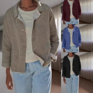 Effortless Linen Chore Jacket for Women with Collar Long Sleeve Button Front Relaxed Style