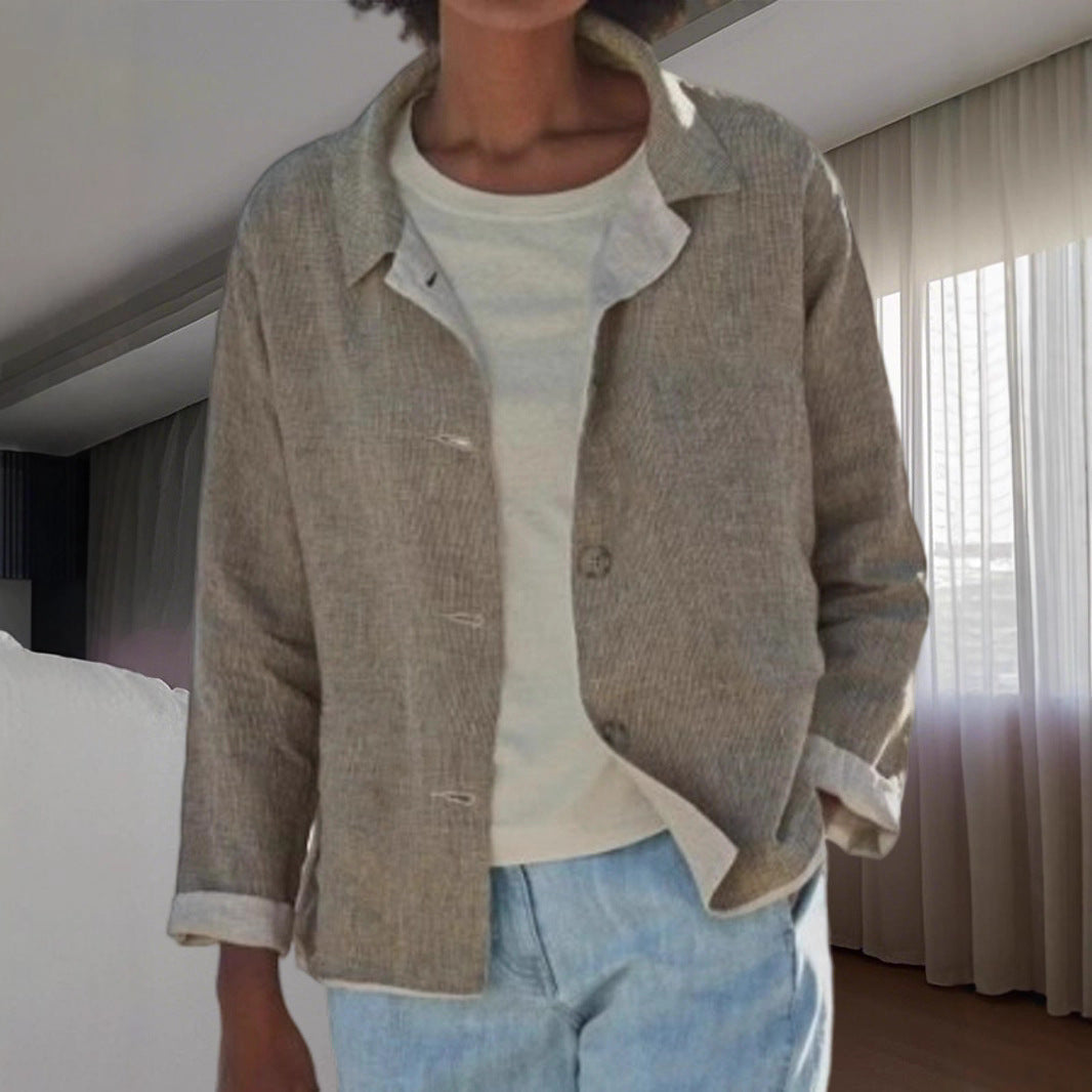 Effortless Linen Chore Jacket for Women with Collar Long Sleeve Button Front Relaxed Style