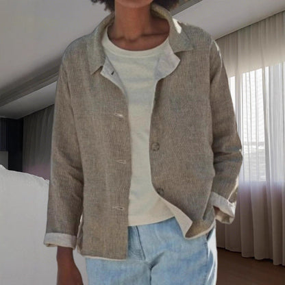 Effortless Linen Chore Jacket for Women with Collar Long Sleeve Button Front Relaxed Style