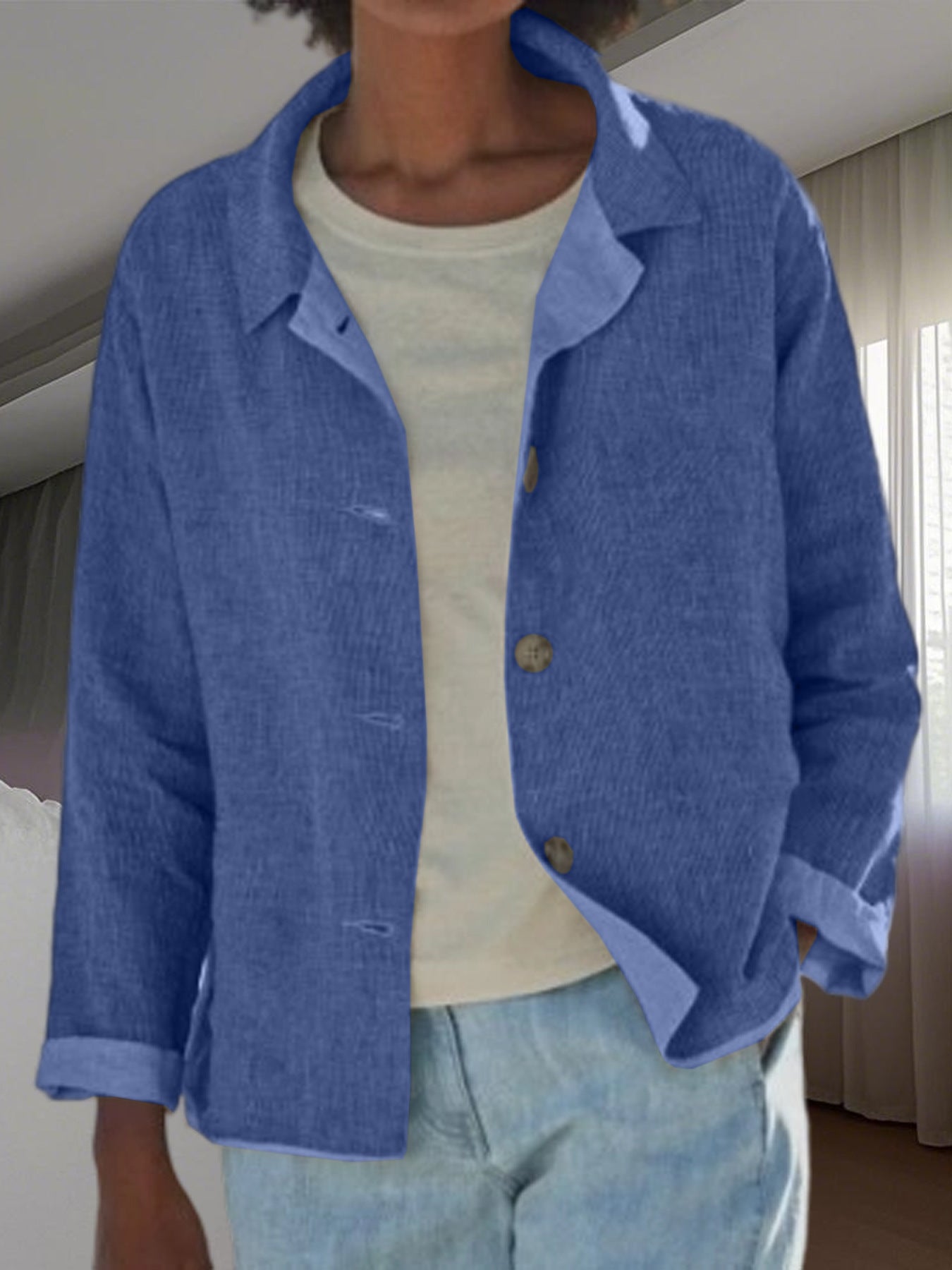 Effortless Linen Chore Jacket for Women with Collar Long Sleeve Button Front Relaxed Style