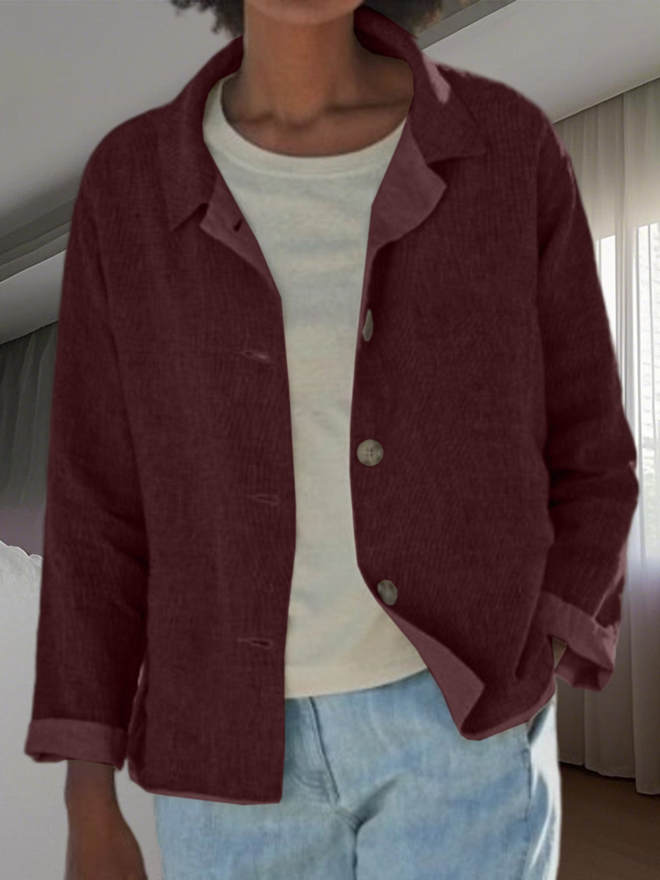 Effortless Linen Chore Jacket for Women with Collar Long Sleeve Button Front Relaxed Style