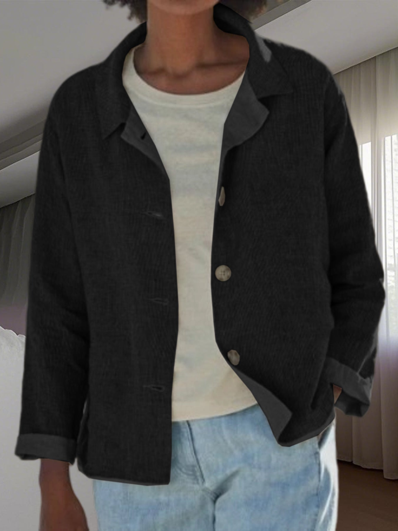 Effortless Linen Chore Jacket for Women with Collar Long Sleeve Button Front Relaxed Style