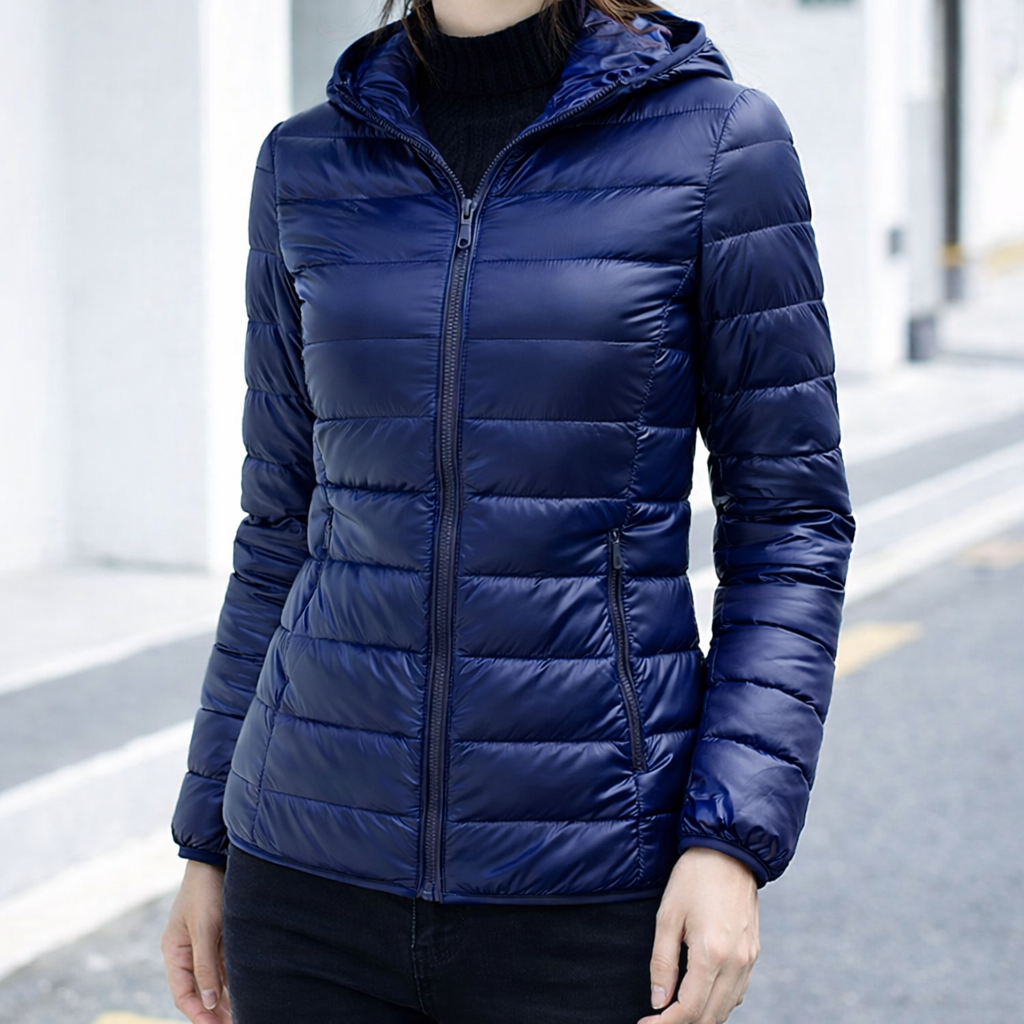 Refined Hooded Puffer Jacket for Women with Front Zip Lightweight Quilted Insulated Packable Cold Weather Style