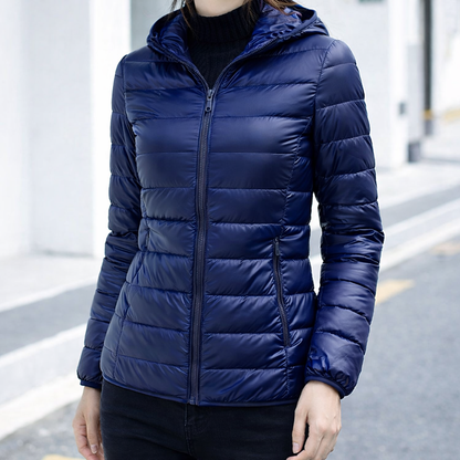 Refined Hooded Puffer Jacket for Women with Front Zip Lightweight Quilted Insulated Packable Cold Weather Style