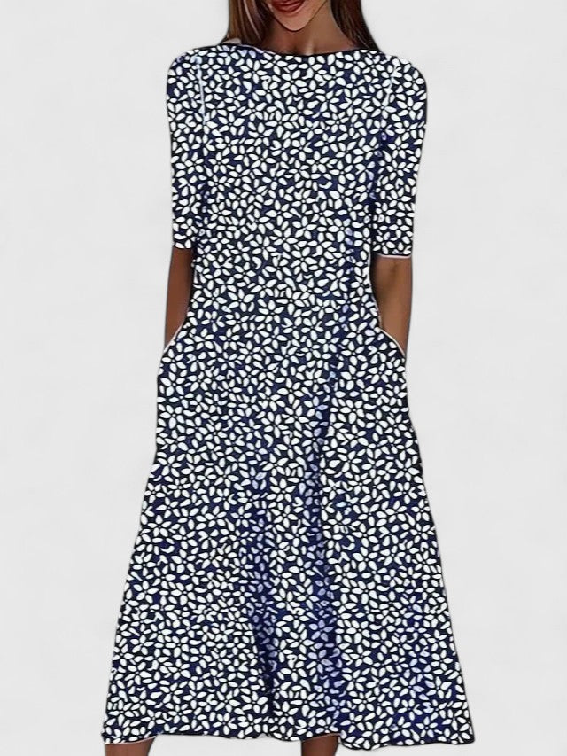 Effortless Floral Midi Dress for Women with Round Neck Elbow Sleeve Pocket Flowing Casual Style